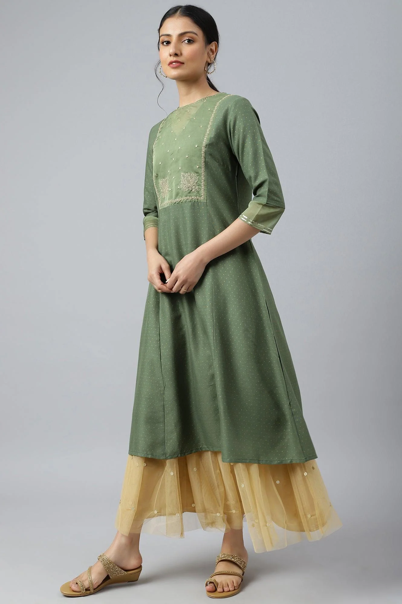 Olive Green A-Line Embroidered kurta With Sequins - Image 3