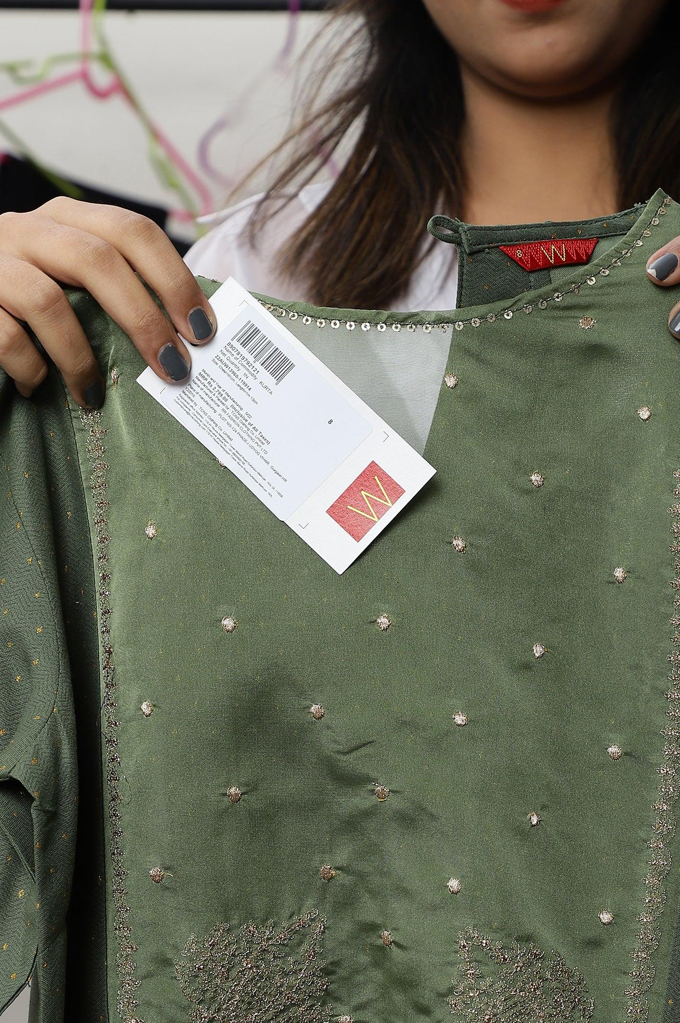 Olive Green A-Line Embroidered kurta With Sequins - Image 9