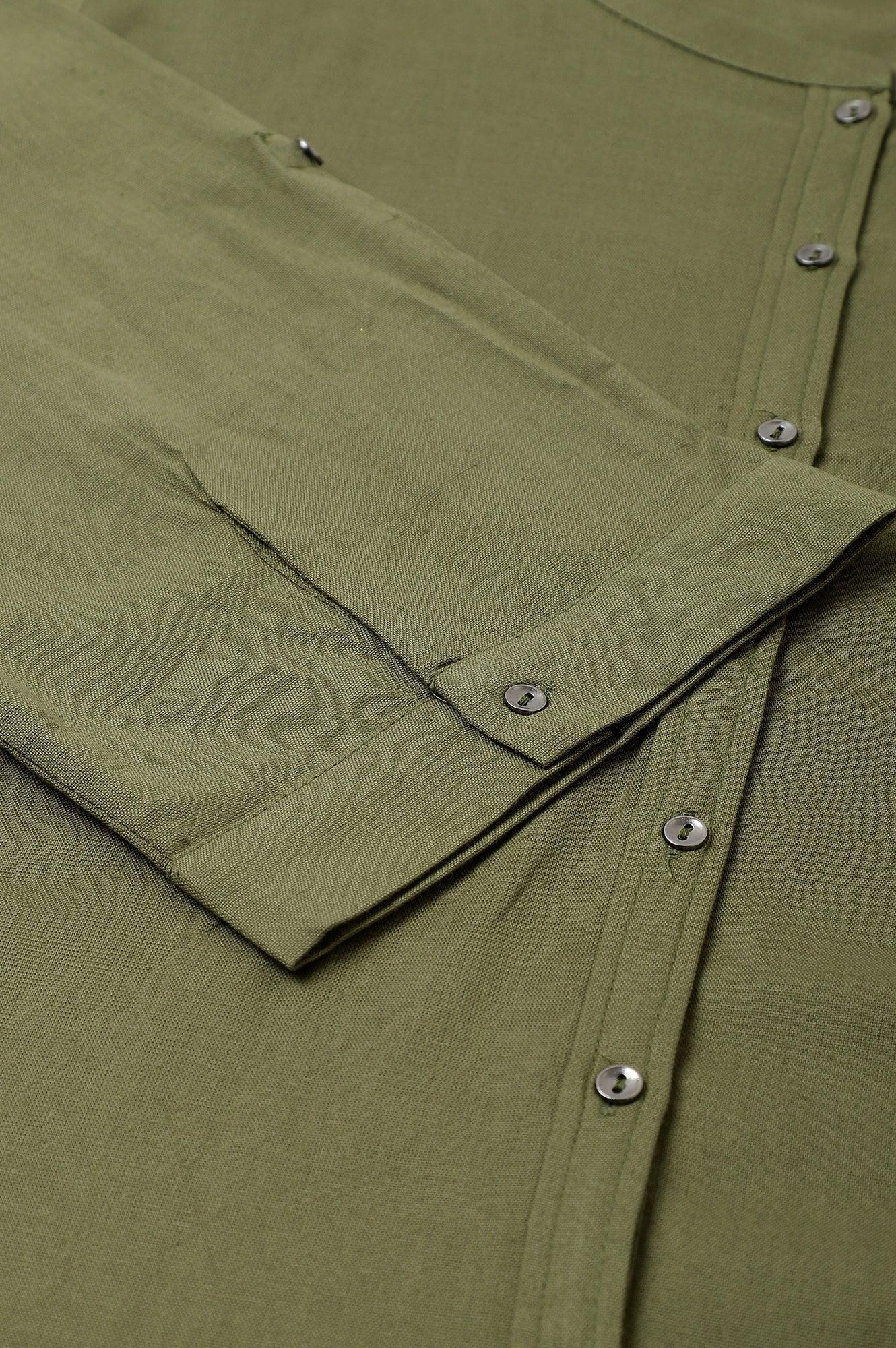 Olive Green Cotton Flax Button Down Plus Size Top - Image 8