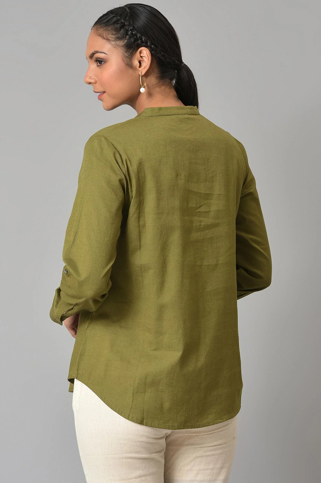 Olive Green Cotton Flax Button Down Top - Image 2