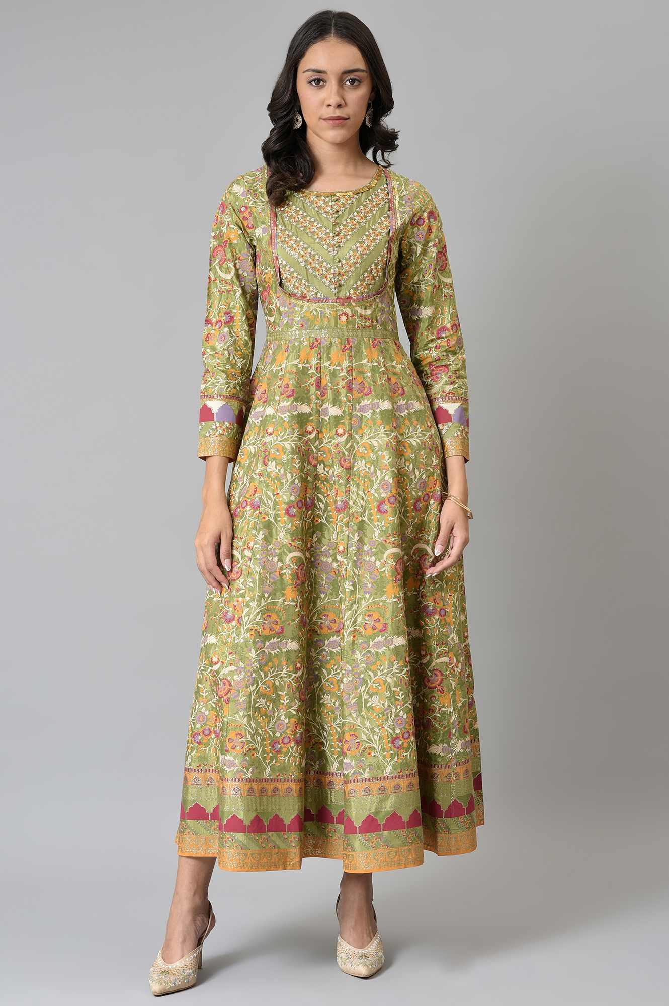 Olive Green Flared Anarkali Printed kurta - Image 2