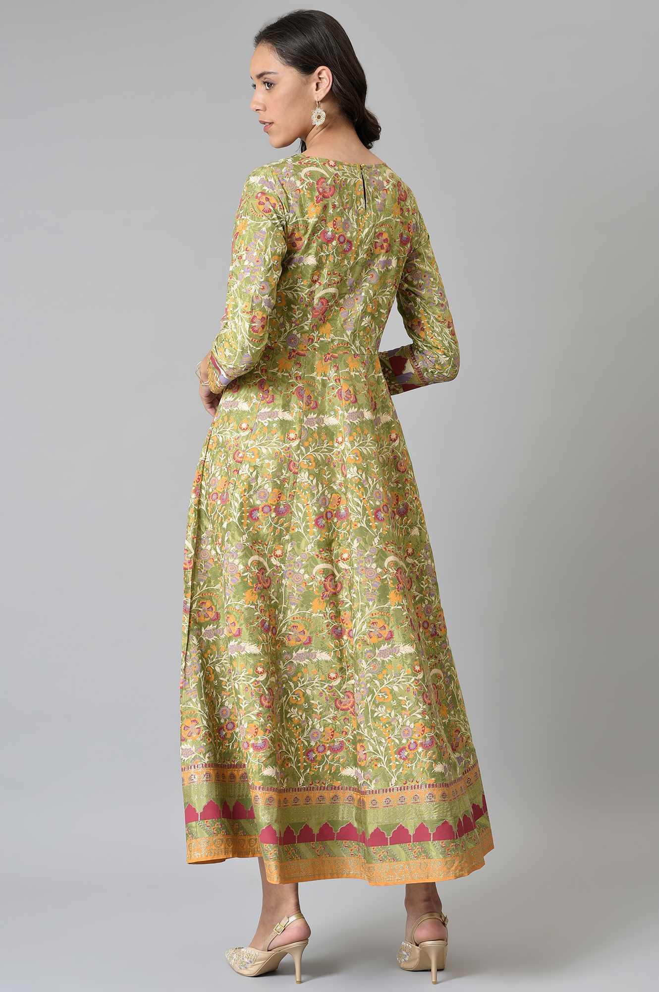 Olive Green Flared Anarkali Printed kurta - Image 3