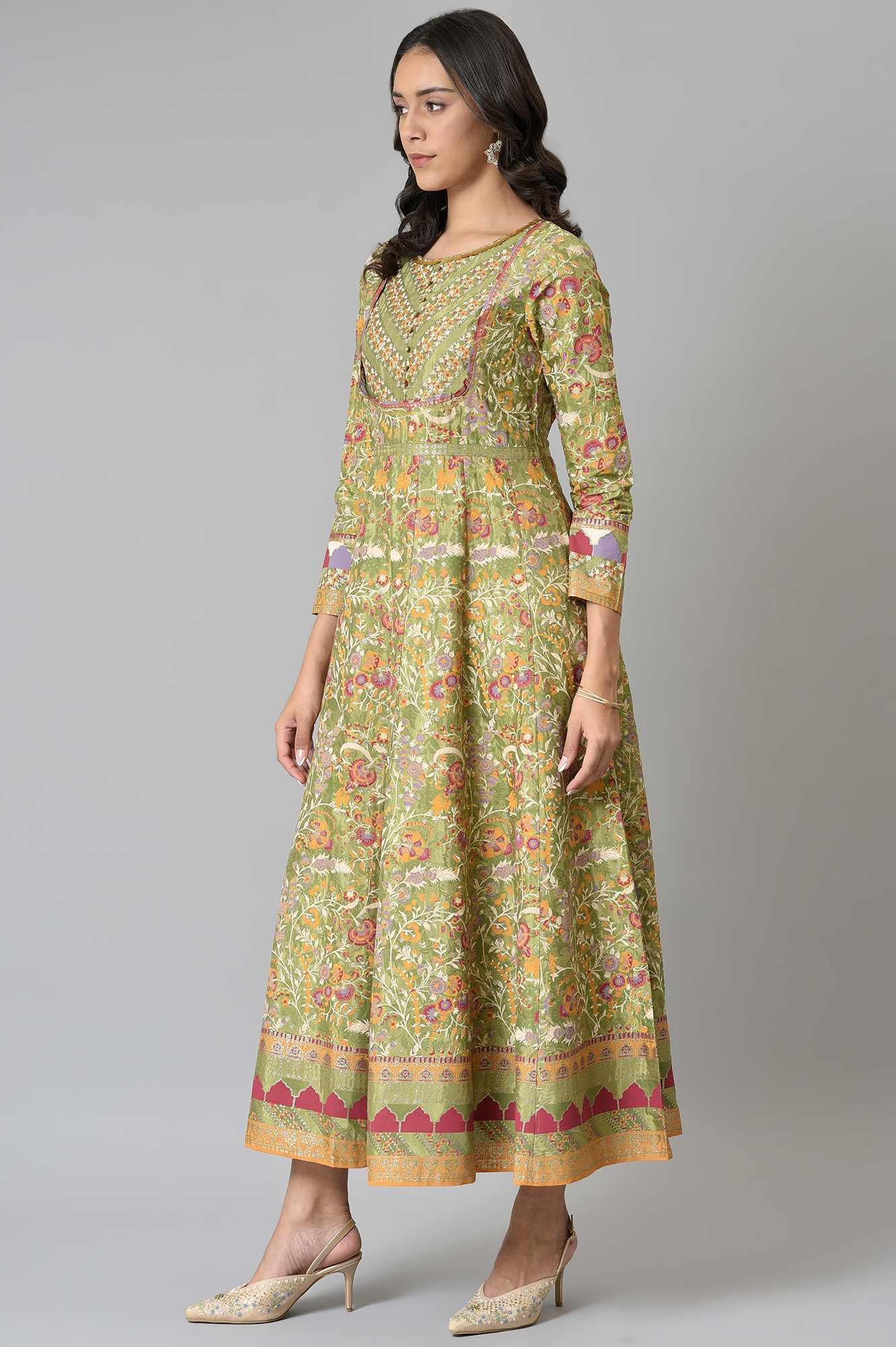 Olive Green Flared Anarkali Printed kurta - Image 4
