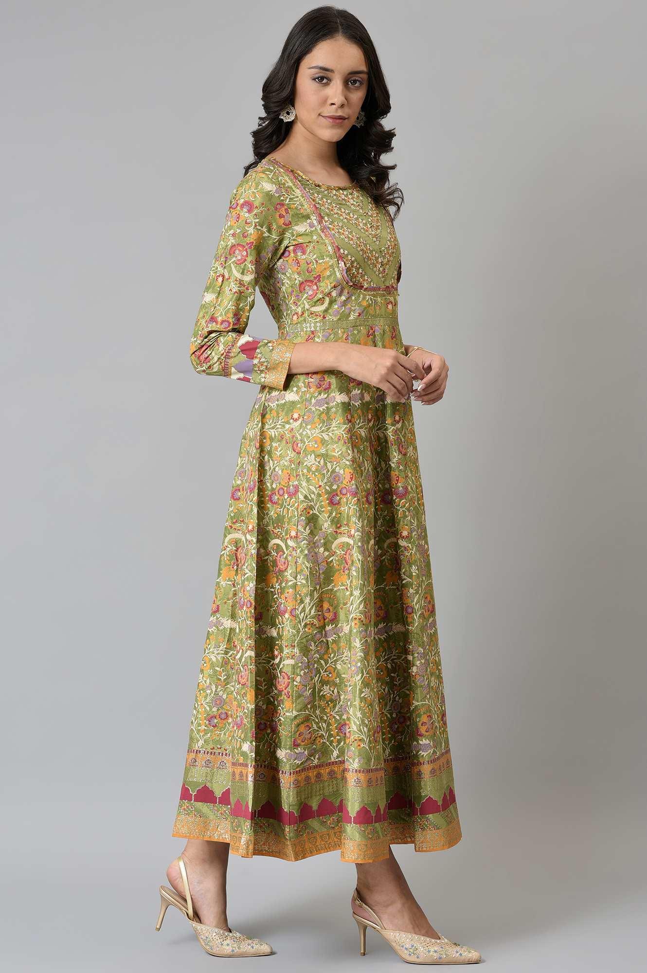 Olive Green Flared Anarkali Printed kurta - Image 5