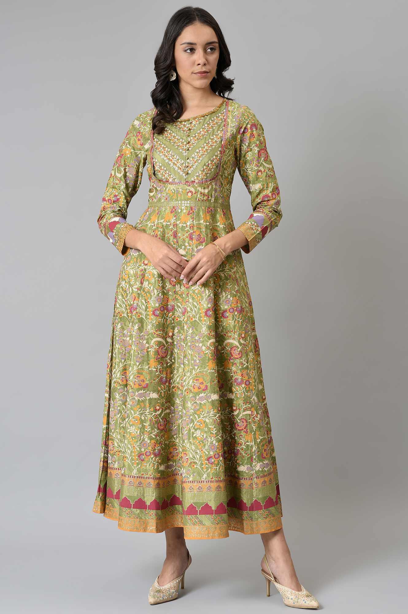 Olive Green Flared Anarkali Printed kurta - Image 6