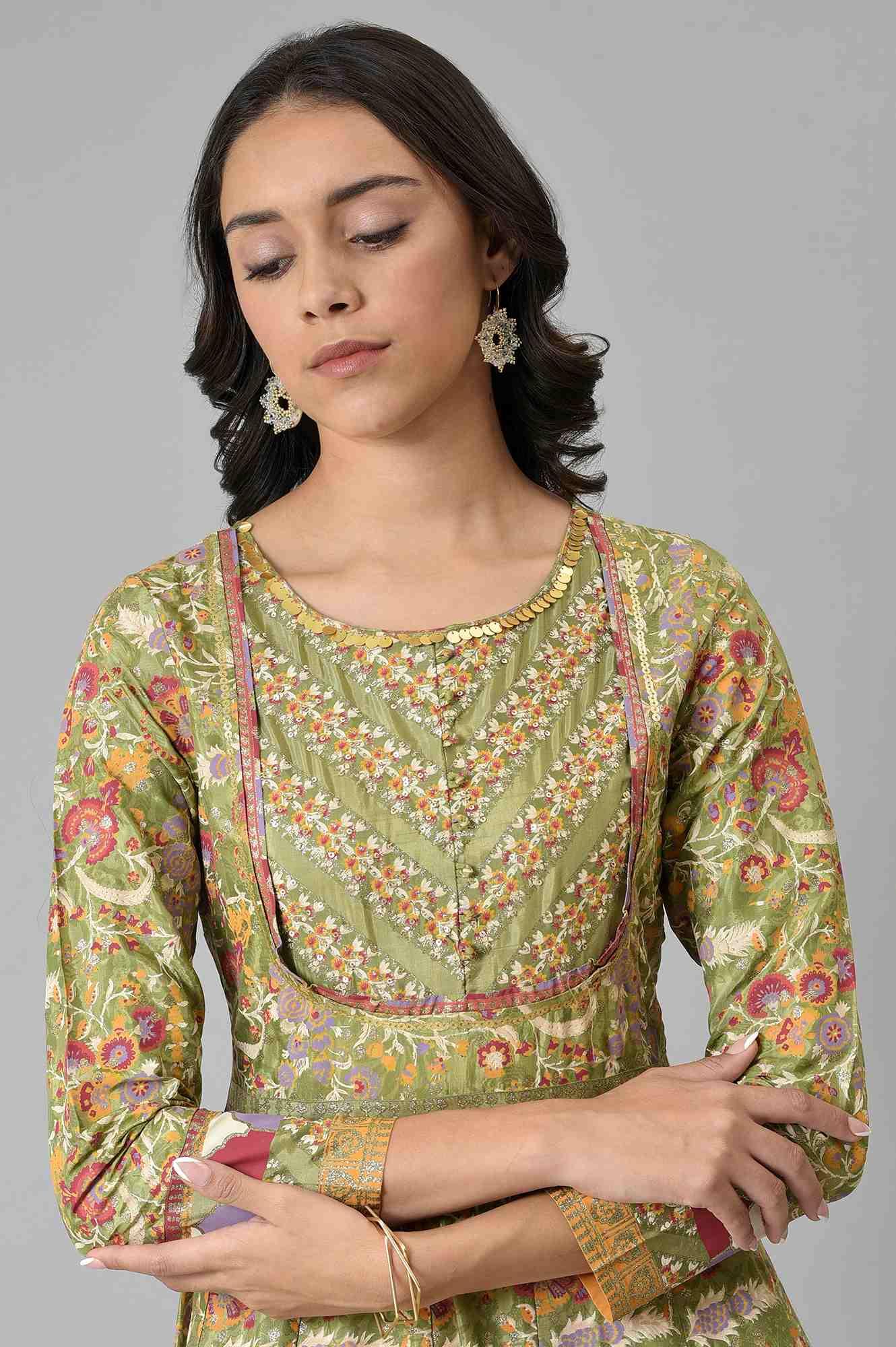 Olive Green Flared Anarkali Printed kurta - Image 7