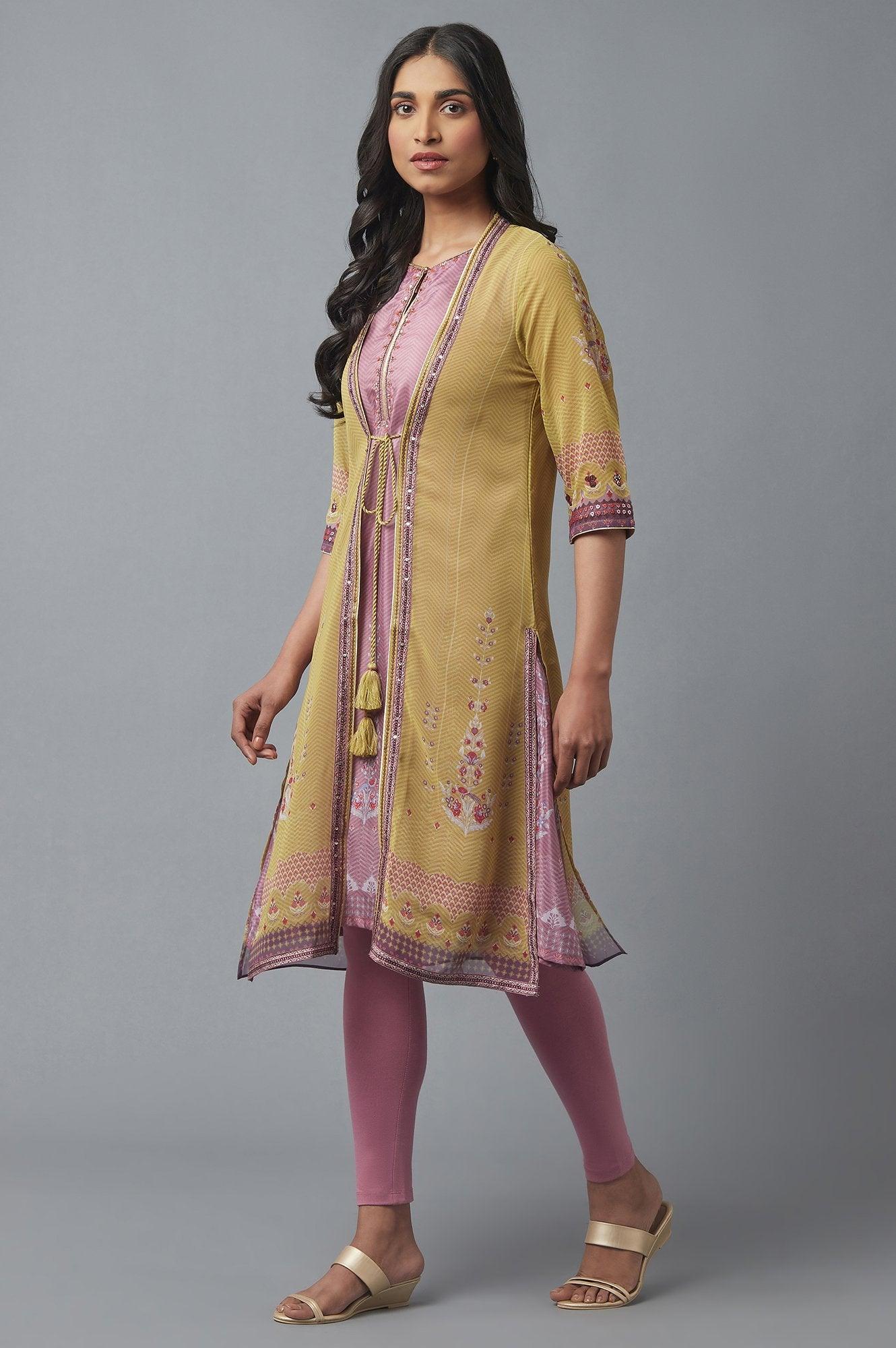 Olive Green Gillet, Purple kurta and Tights Set - Image 3