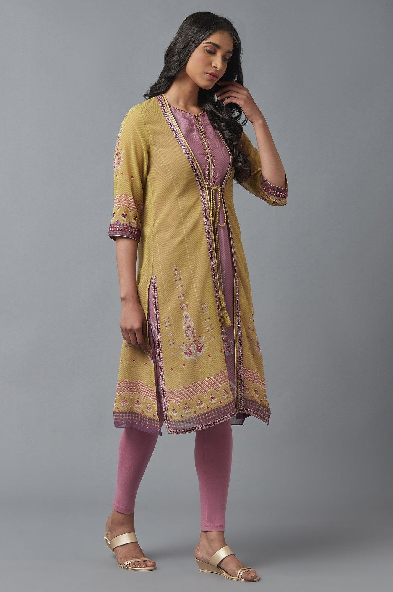 Olive Green Gillet, Purple kurta and Tights Set - Image 4