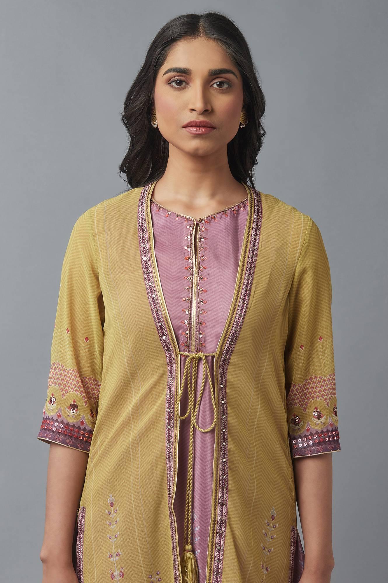 Olive Green Gillet, Purple kurta and Tights Set - Image 5