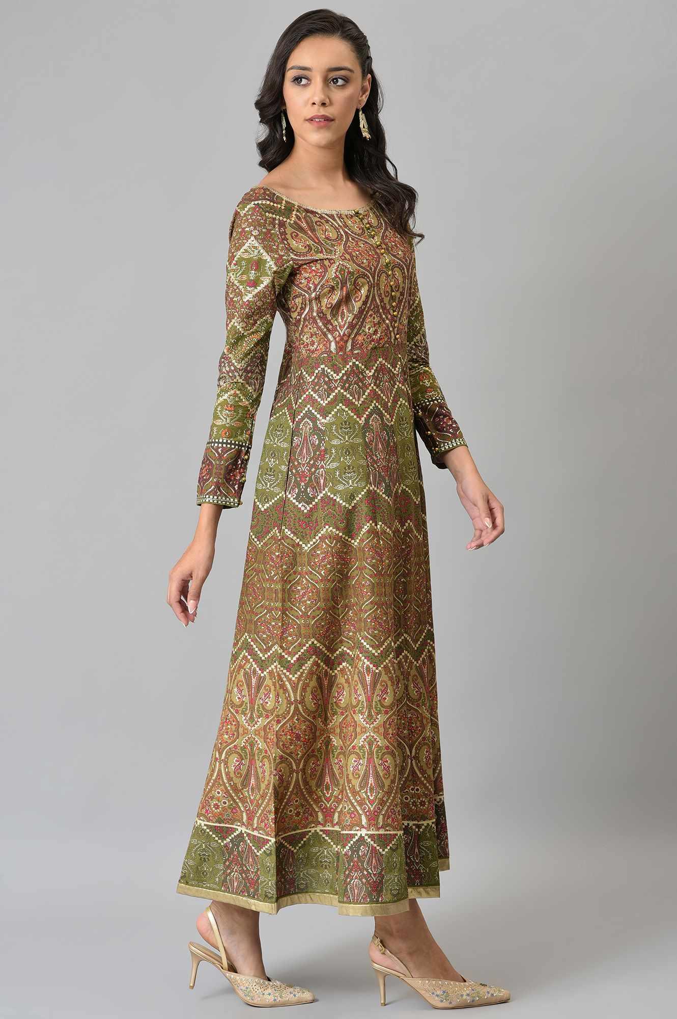 Olive Green Glitter Print Dress - Image 4