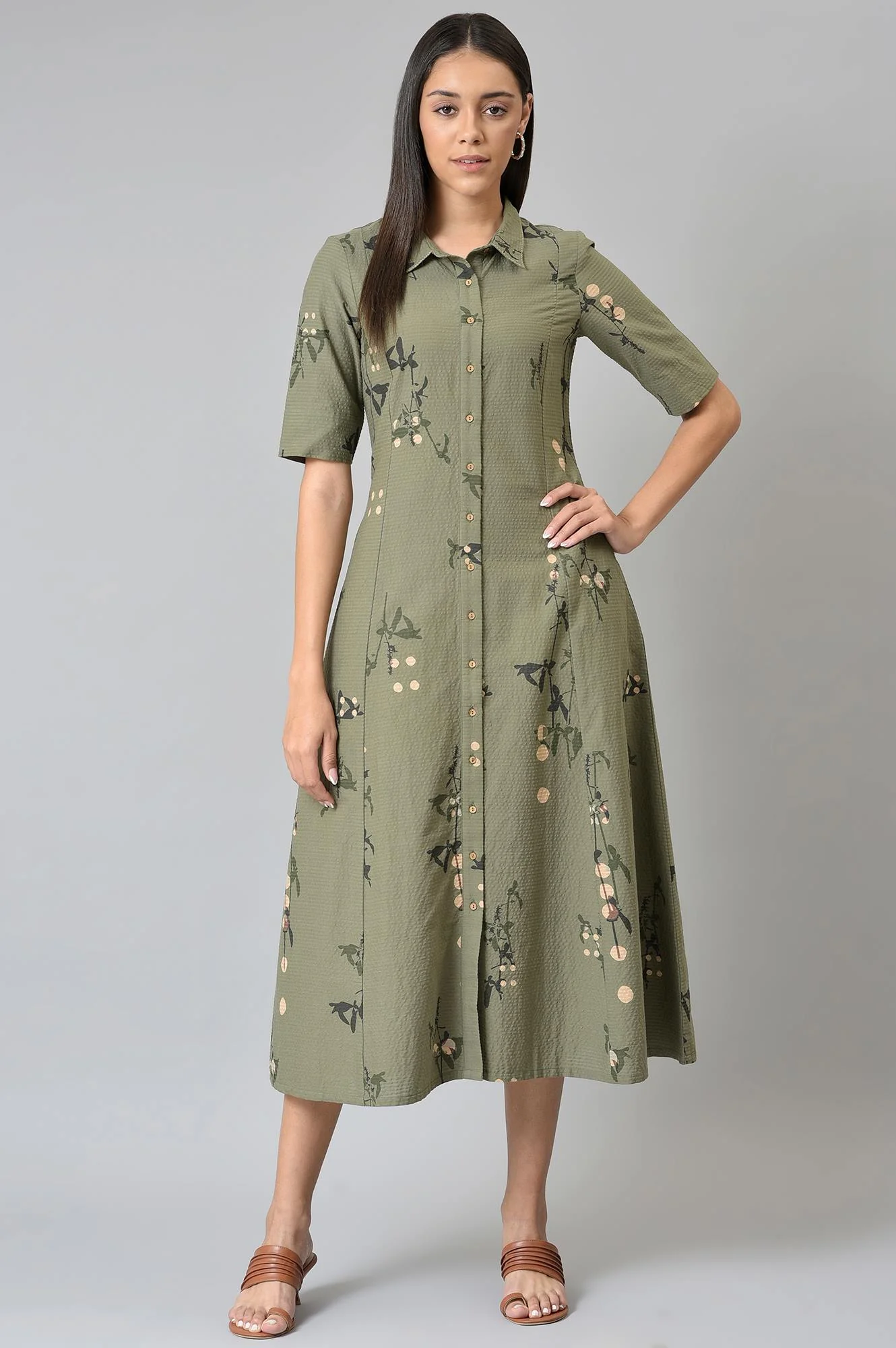 Olive Green Textured Cotton Long Dress