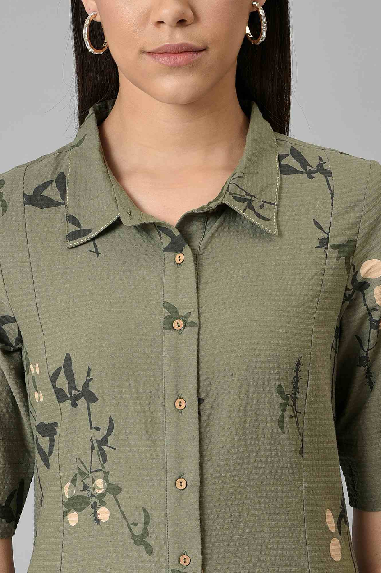Olive Green Textured Cotton Long Dress - Image 6