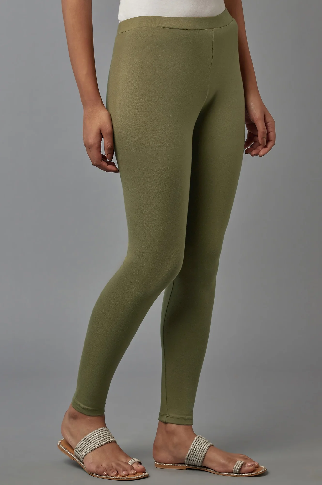 Olive Green Solid Cotton Tights - Image 4