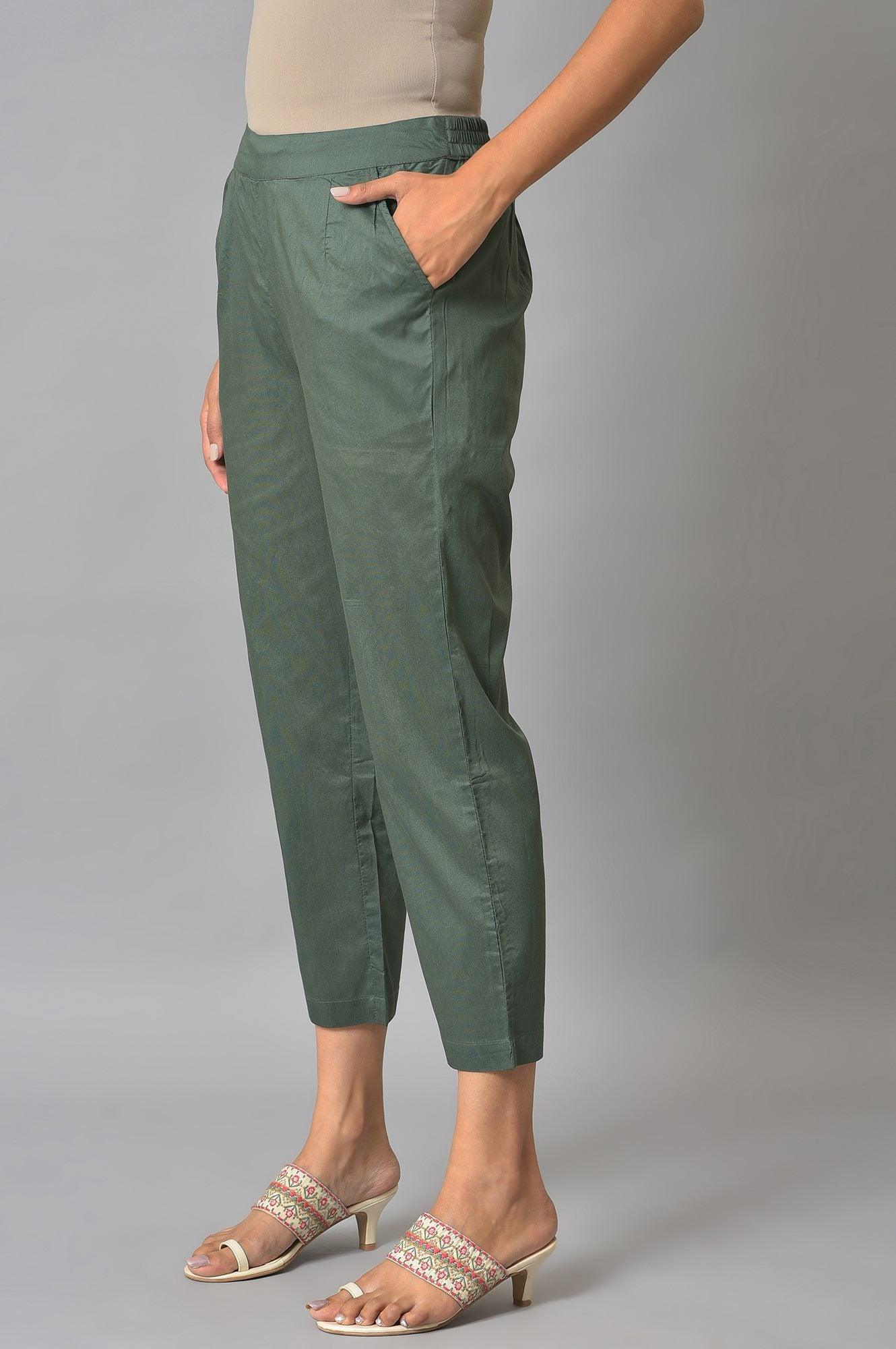 Olive Green Solid Cotton Straight Pants - Image 3