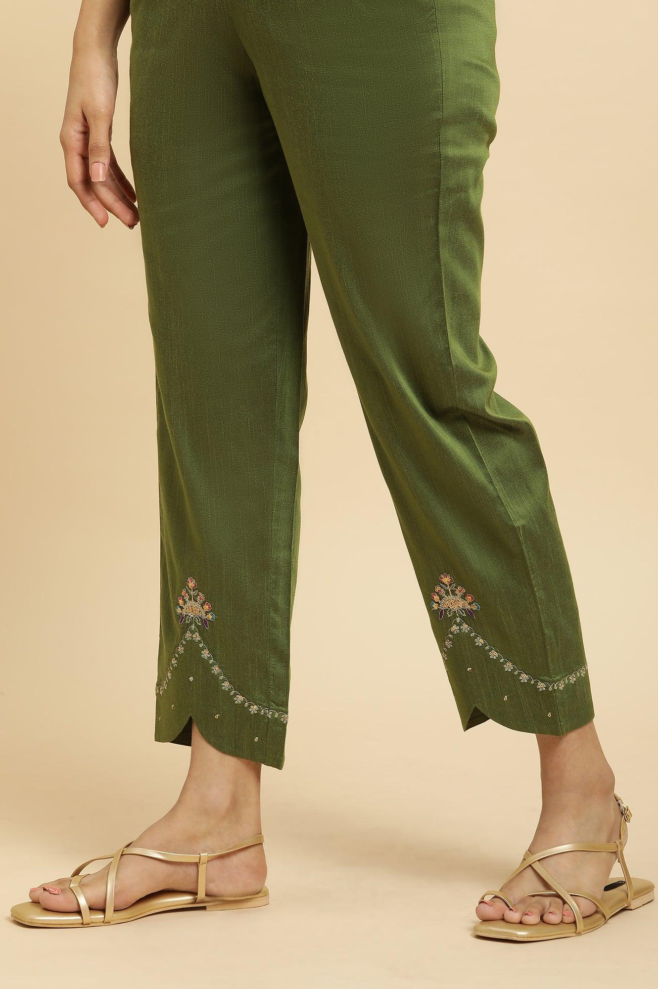Olive Green Straight Pants With Embroidered Hemline - Image 7