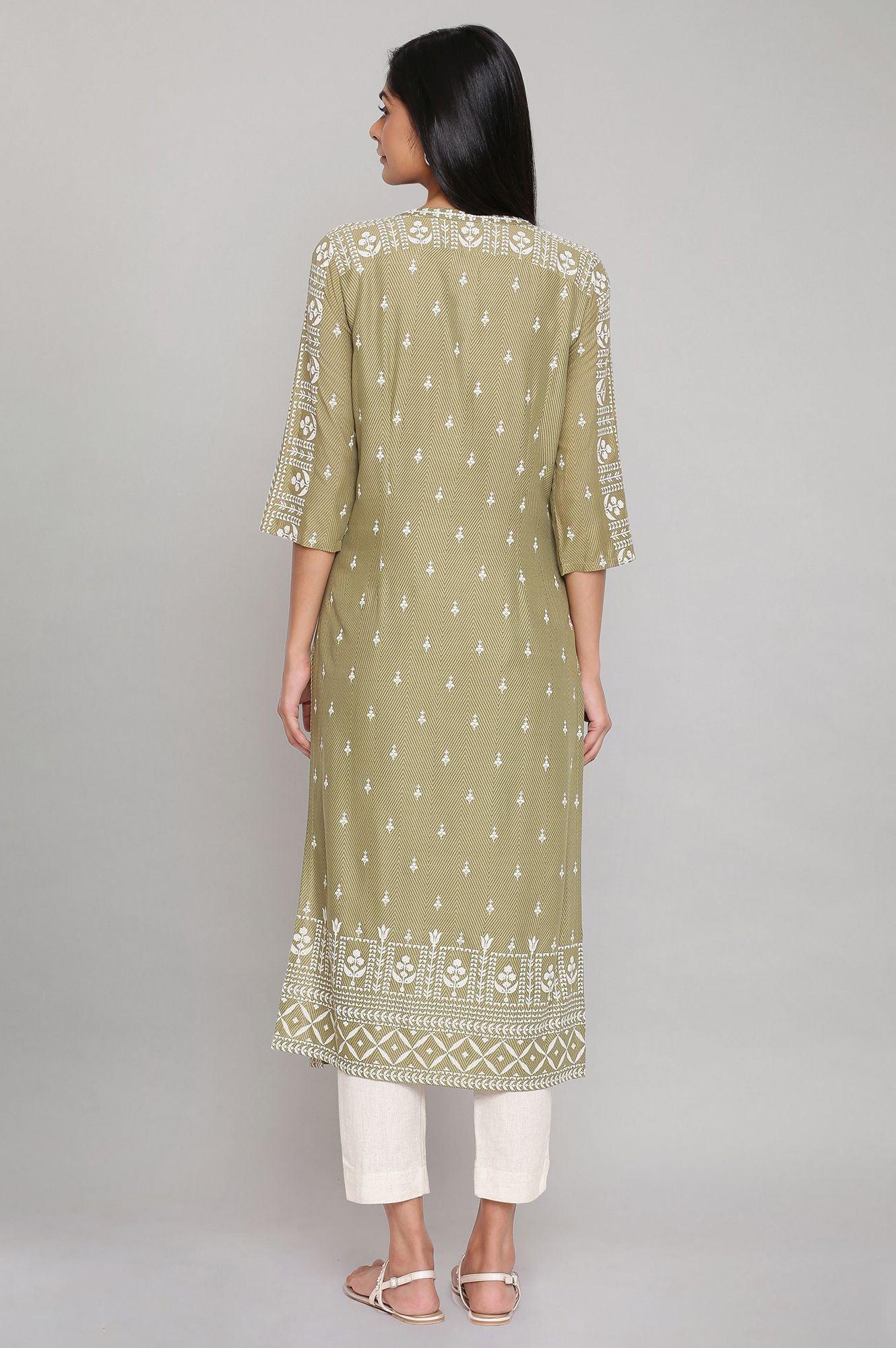 Olive Green Straight Printed kurta - Image 2