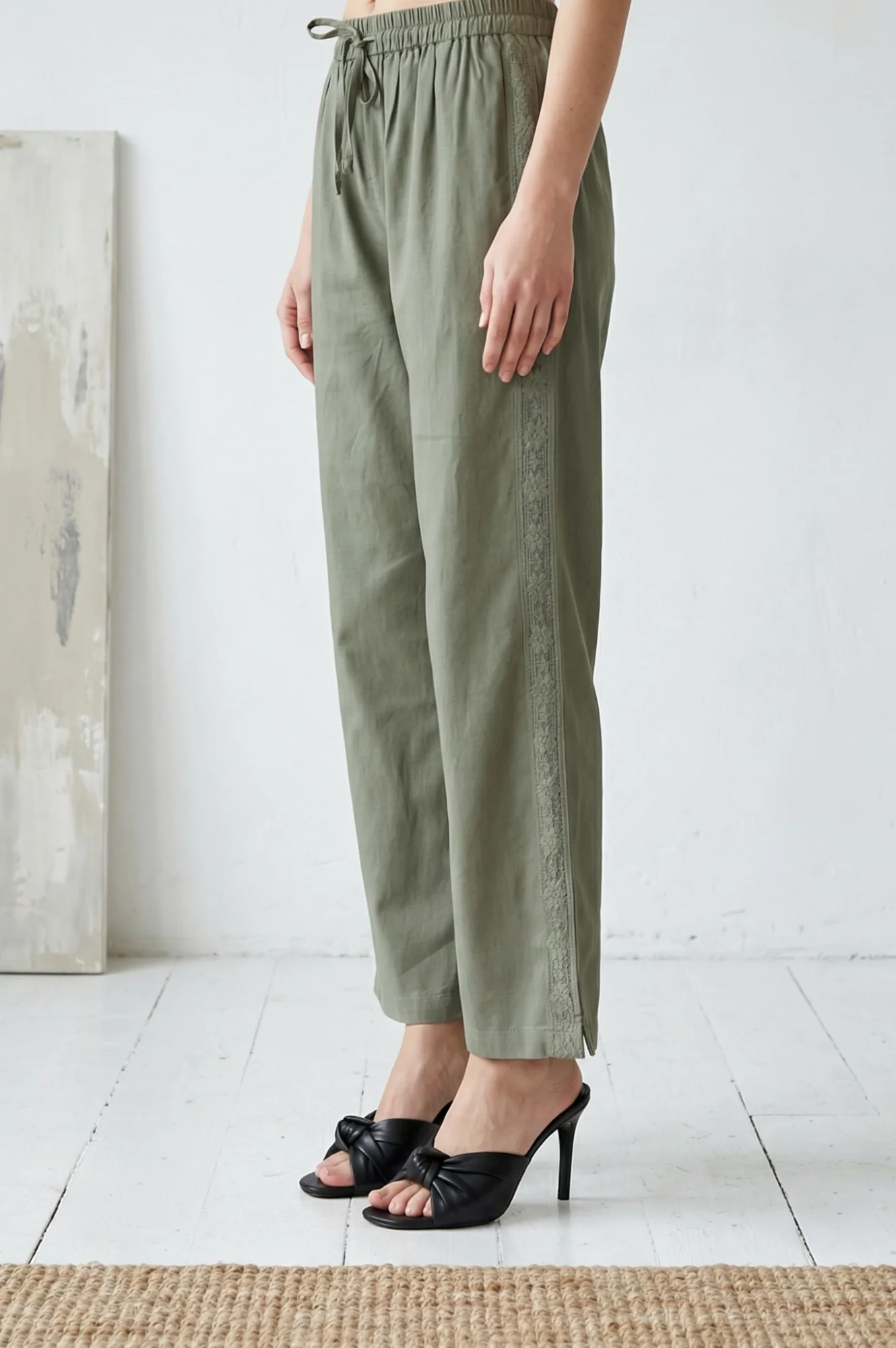 Olive Thread Embroidered Cotton Flax Ankle Length Relaxed Pants - Image 2