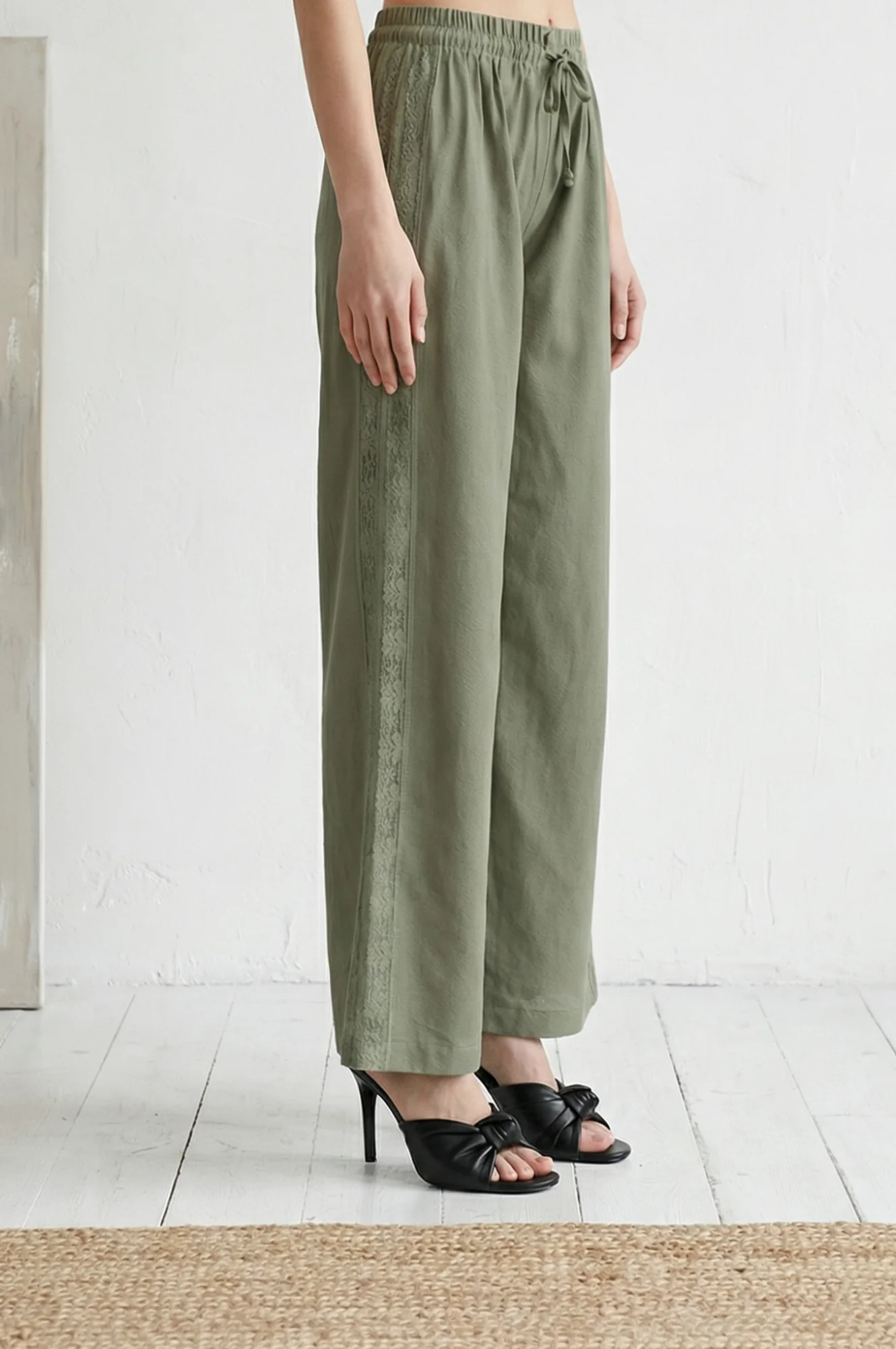 Olive Thread Embroidered Cotton Flax Ankle Length Relaxed Pants - Image 6
