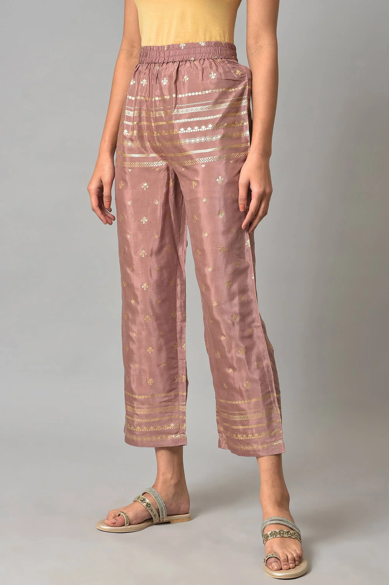 Onion Pink Printed Shantung Slim Pants - Image 3