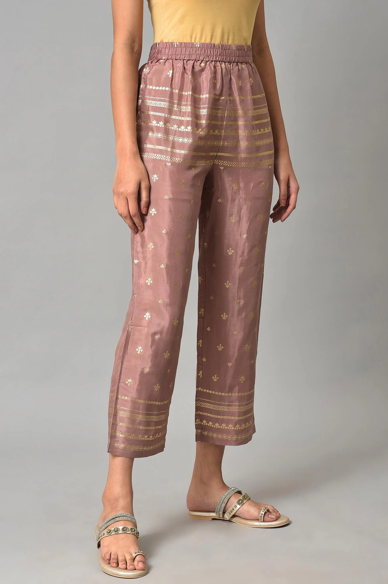 Onion Pink Printed Shantung Slim Pants - Image 4