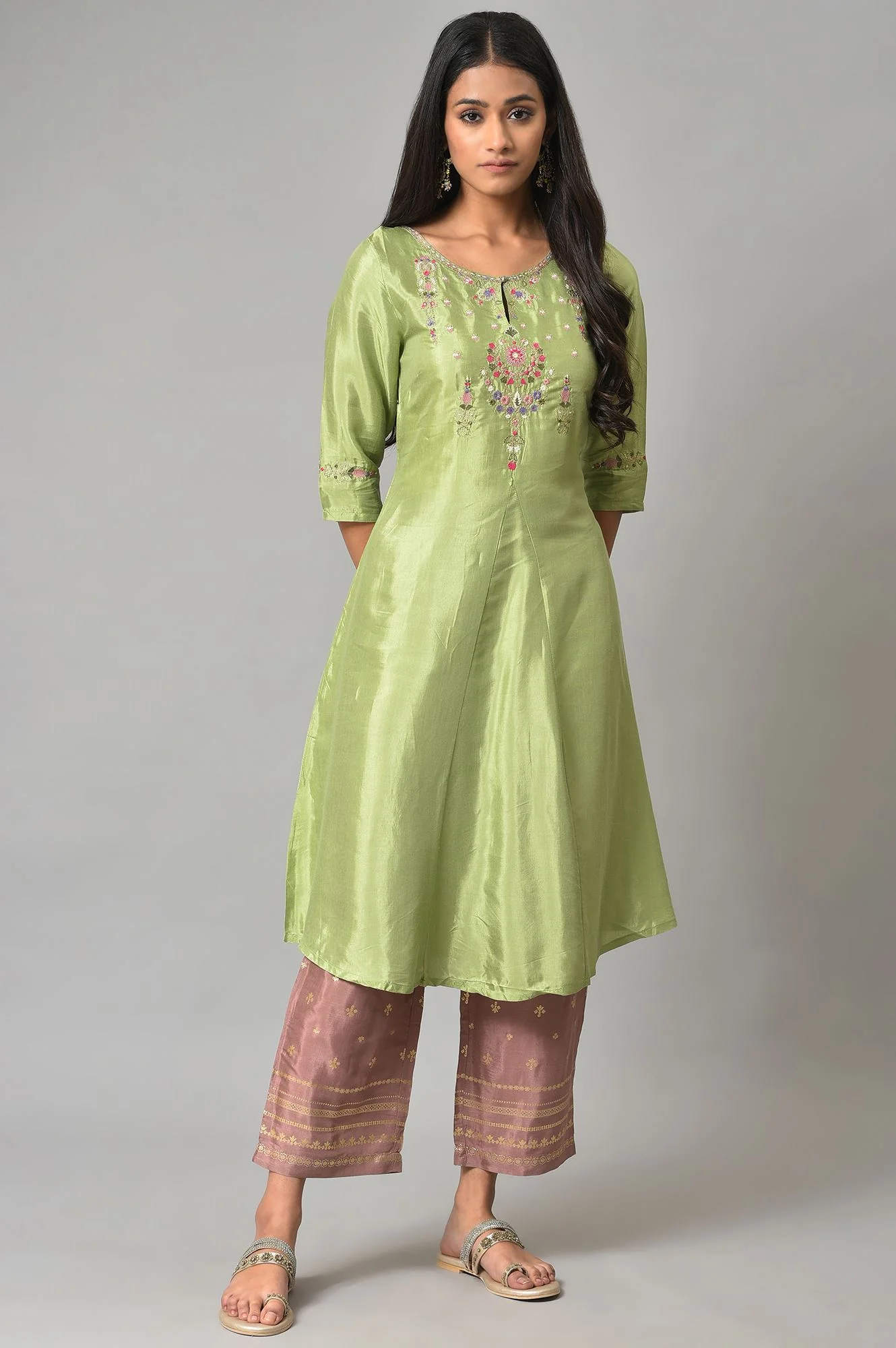 Onion Pink Printed Shantung Slim Pants - Image 5