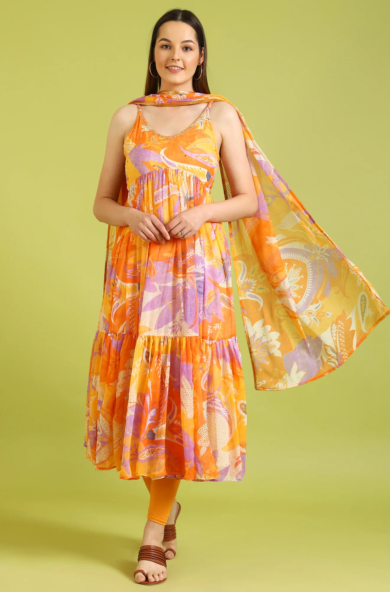 Orange Abstract Printed Tiered Spaghetti Kurta and Leggings Set with Dupatta - Image 2