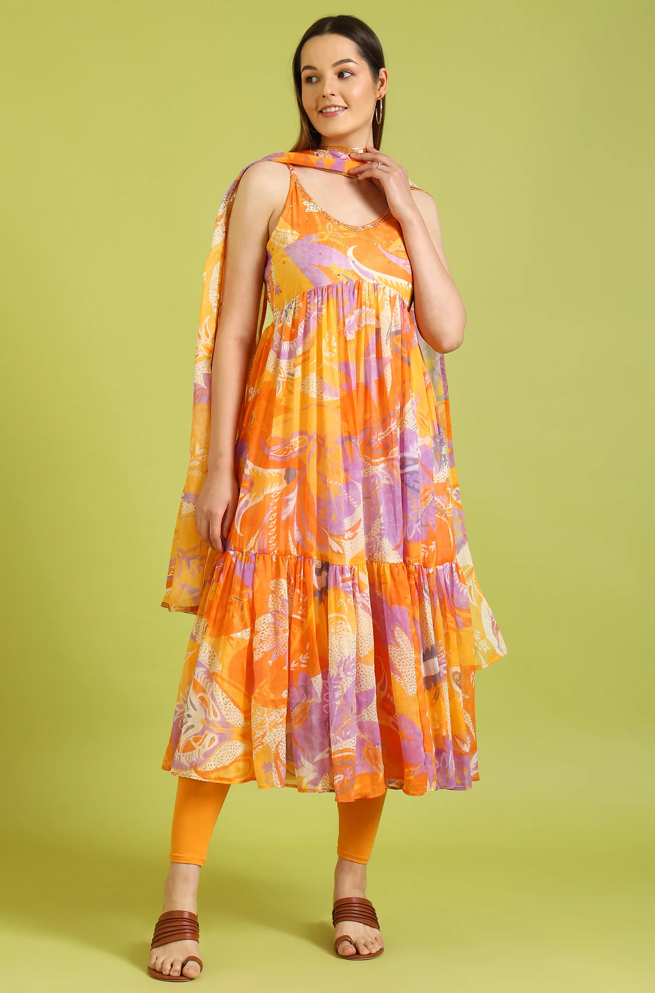 Orange Abstract Printed Tiered Spaghetti Kurta and Leggings Set with Dupatta - Image 3