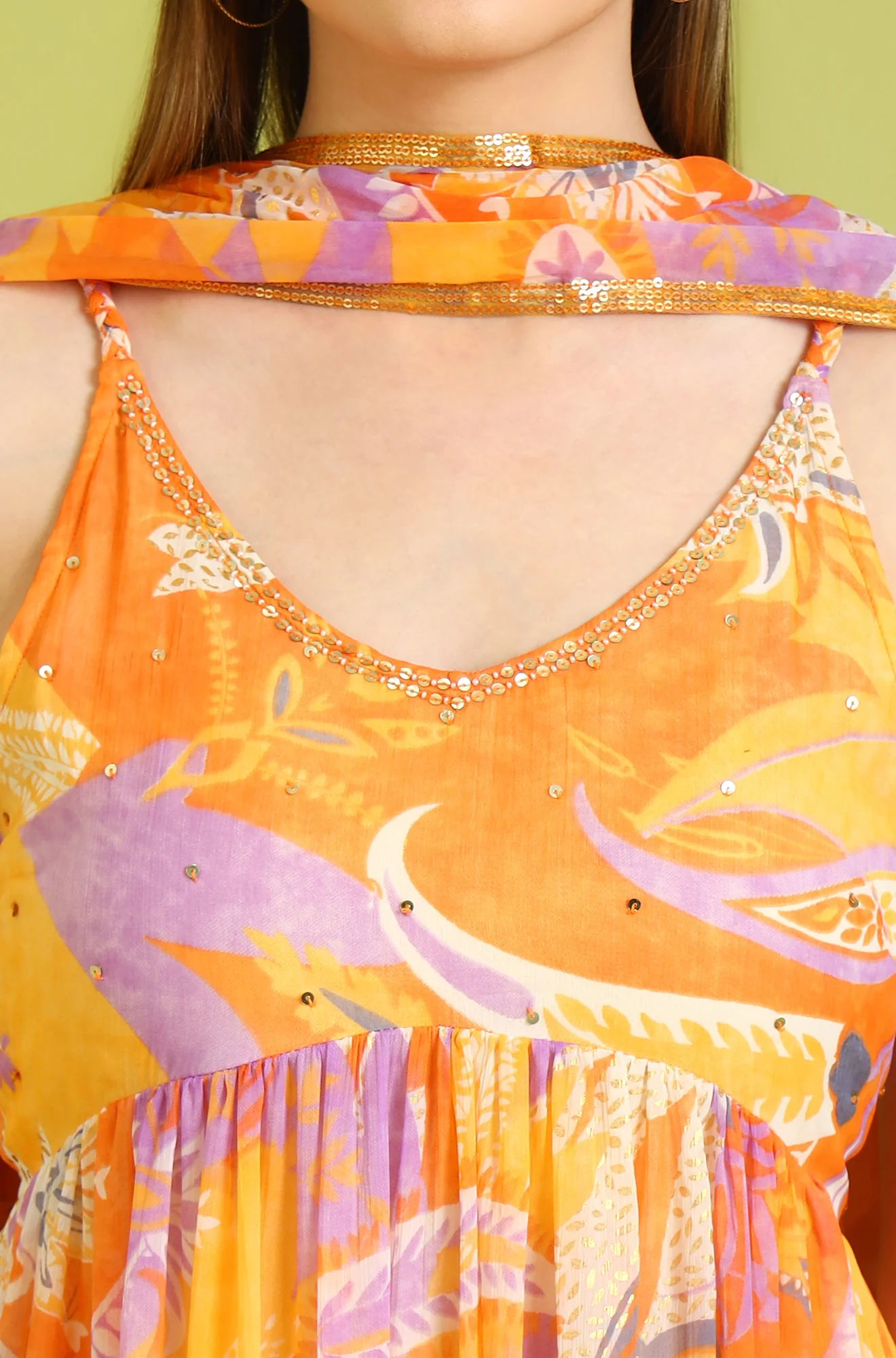 Orange Abstract Printed Tiered Spaghetti Kurta and Leggings Set with Dupatta - Image 4
