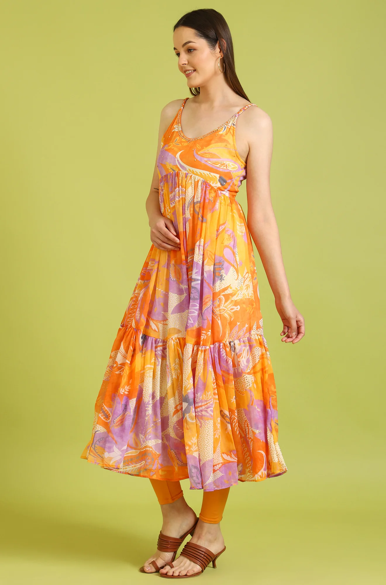 Orange Abstract Printed Tiered Spaghetti Kurta and Leggings Set with Dupatta - Image 5
