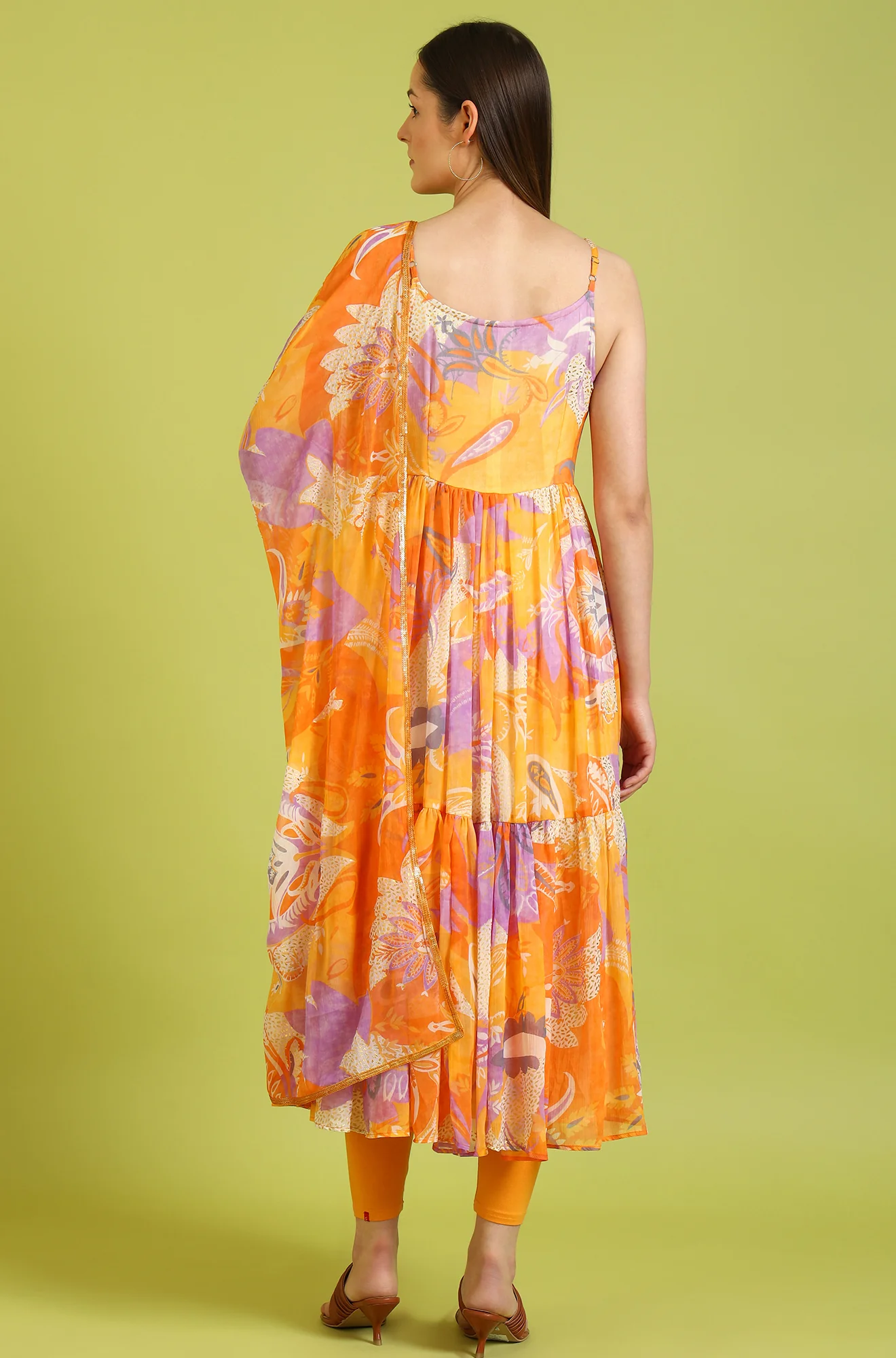 Orange Abstract Printed Tiered Spaghetti Kurta and Leggings Set with Dupatta - Image 6