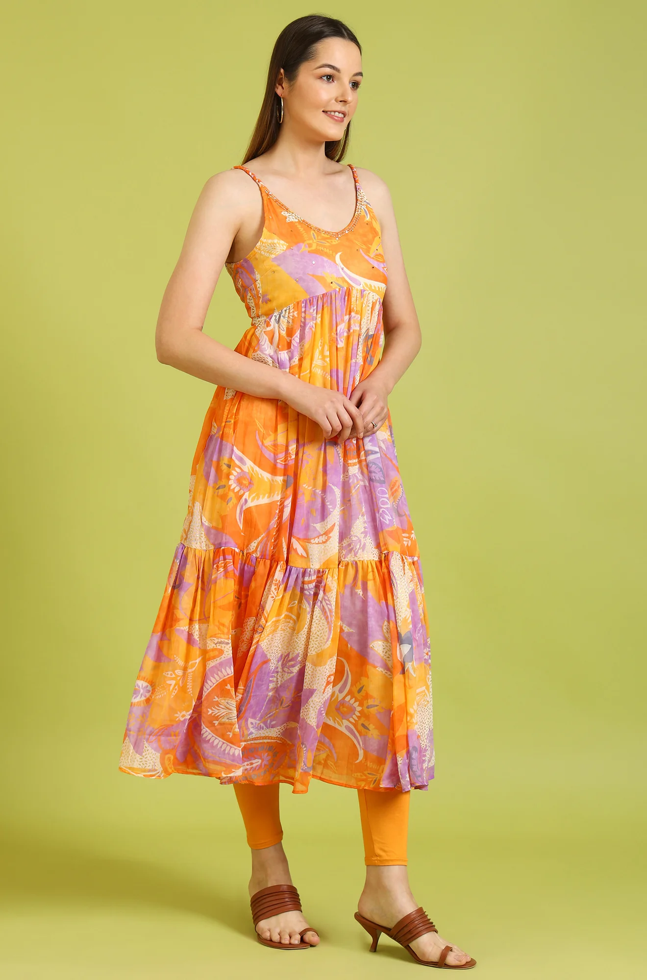 Orange Abstract Printed Tiered Spaghetti Kurta and Leggings Set with Dupatta - Image 7