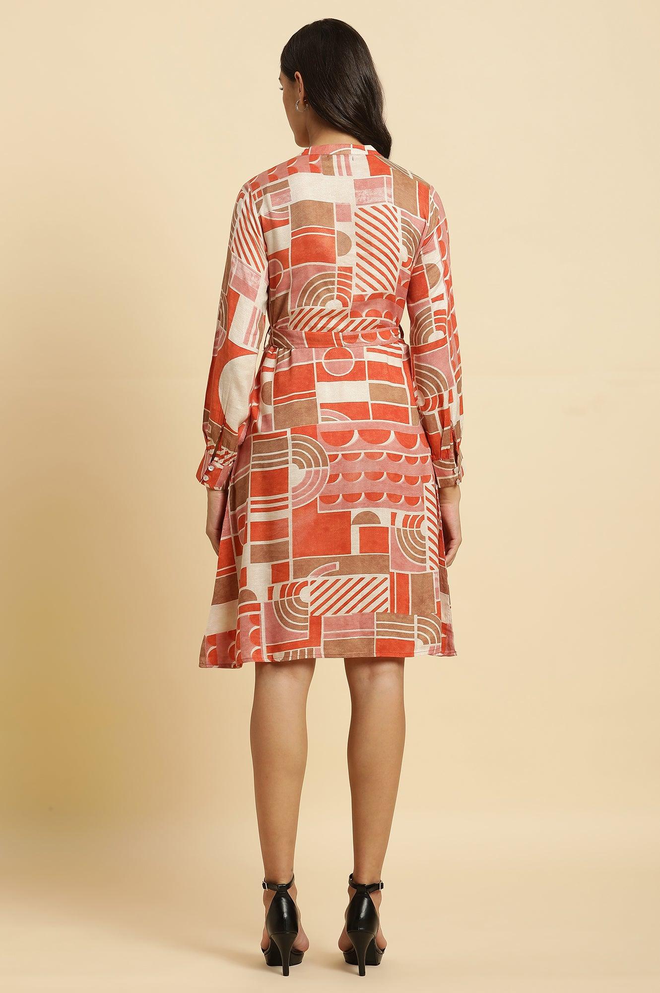 Orange Abstract Printed Western Dress - Image 4