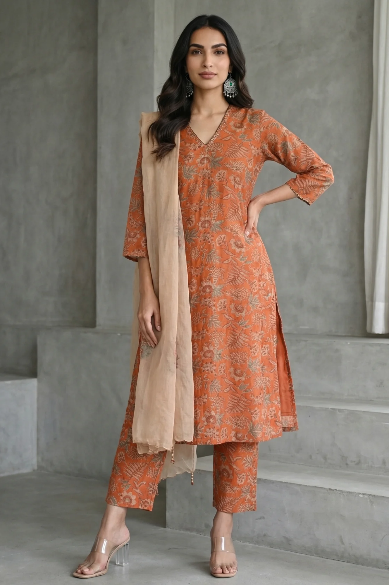 Orange Block Printed Cotton Silk Straight Kurta with Straight Pants and Dupatta Set