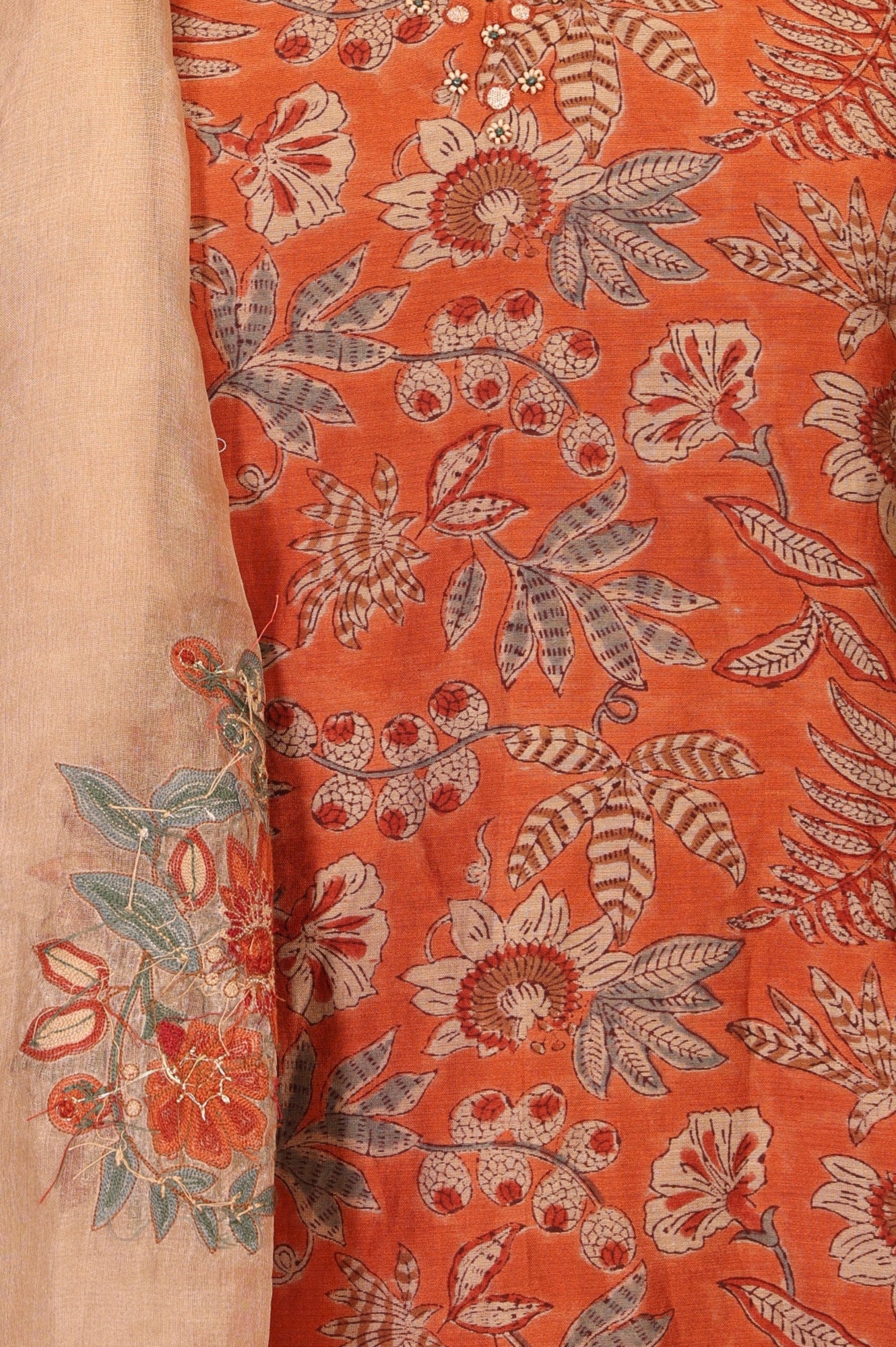 Orange Block Printed Cotton Silk Straight Kurta with Straight Pants and Dupatta Set - Image 2
