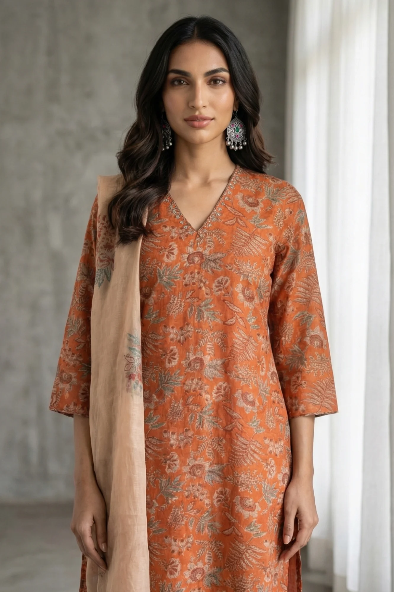 Orange Block Printed Cotton Silk Straight Kurta with Straight Pants and Dupatta Set - Image 3