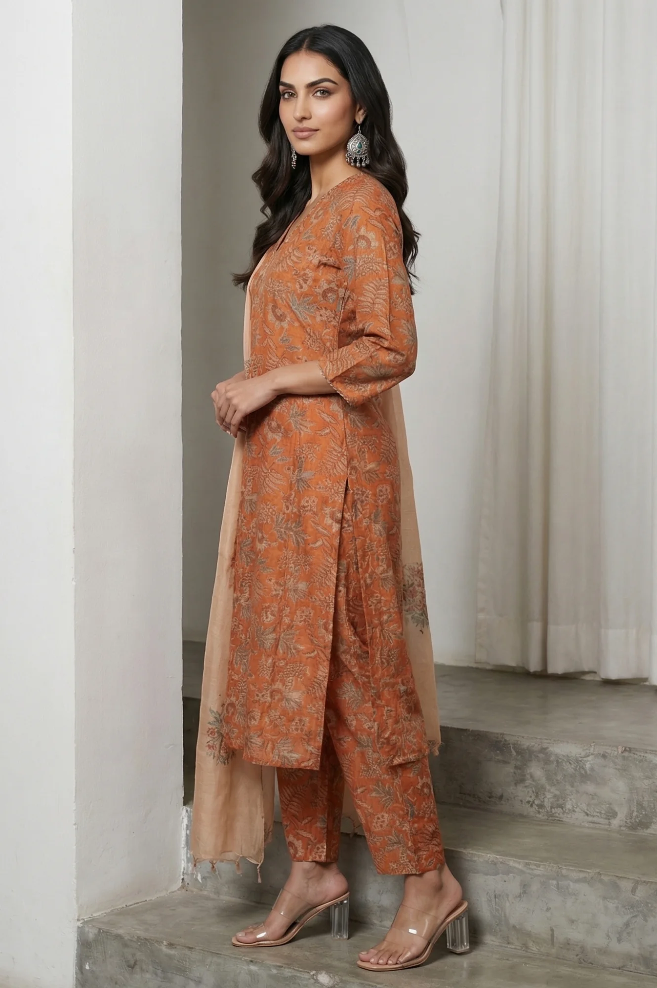 Orange Block Printed Cotton Silk Straight Kurta with Straight Pants and Dupatta Set - Image 4