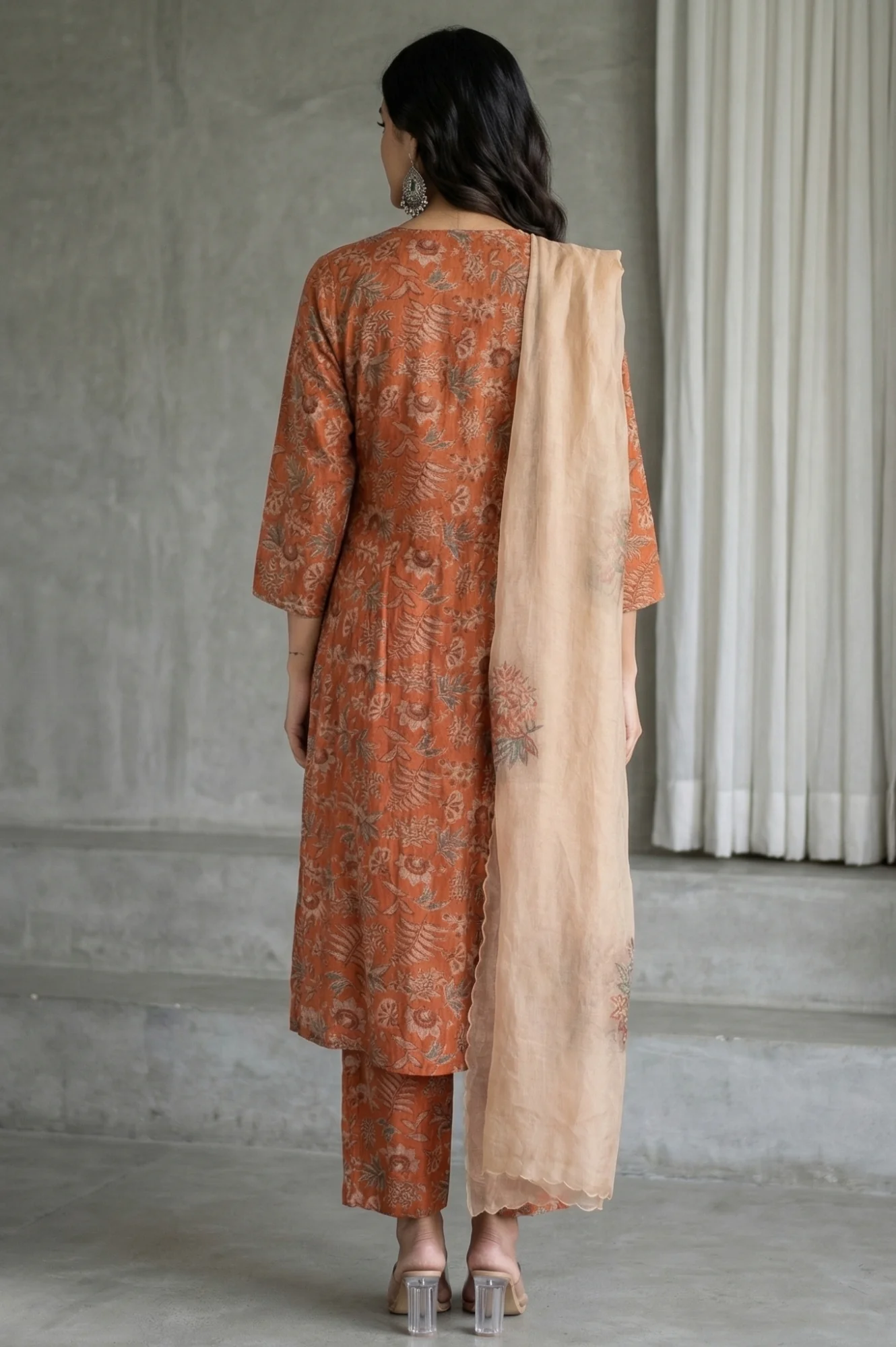 Orange Block Printed Cotton Silk Straight Kurta with Straight Pants and Dupatta Set - Image 5