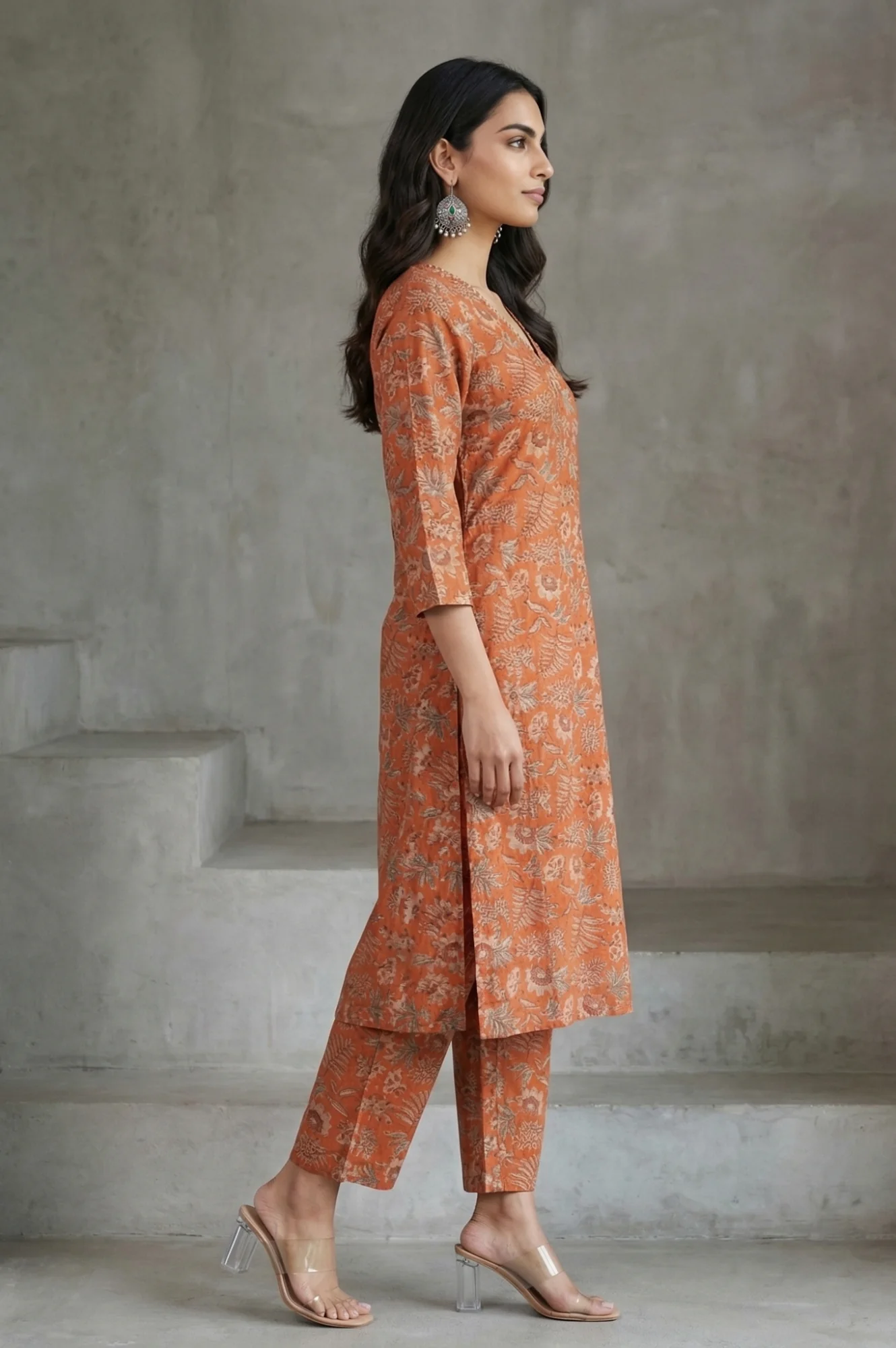Orange Block Printed Cotton Silk Straight Kurta with Straight Pants and Dupatta Set - Image 6