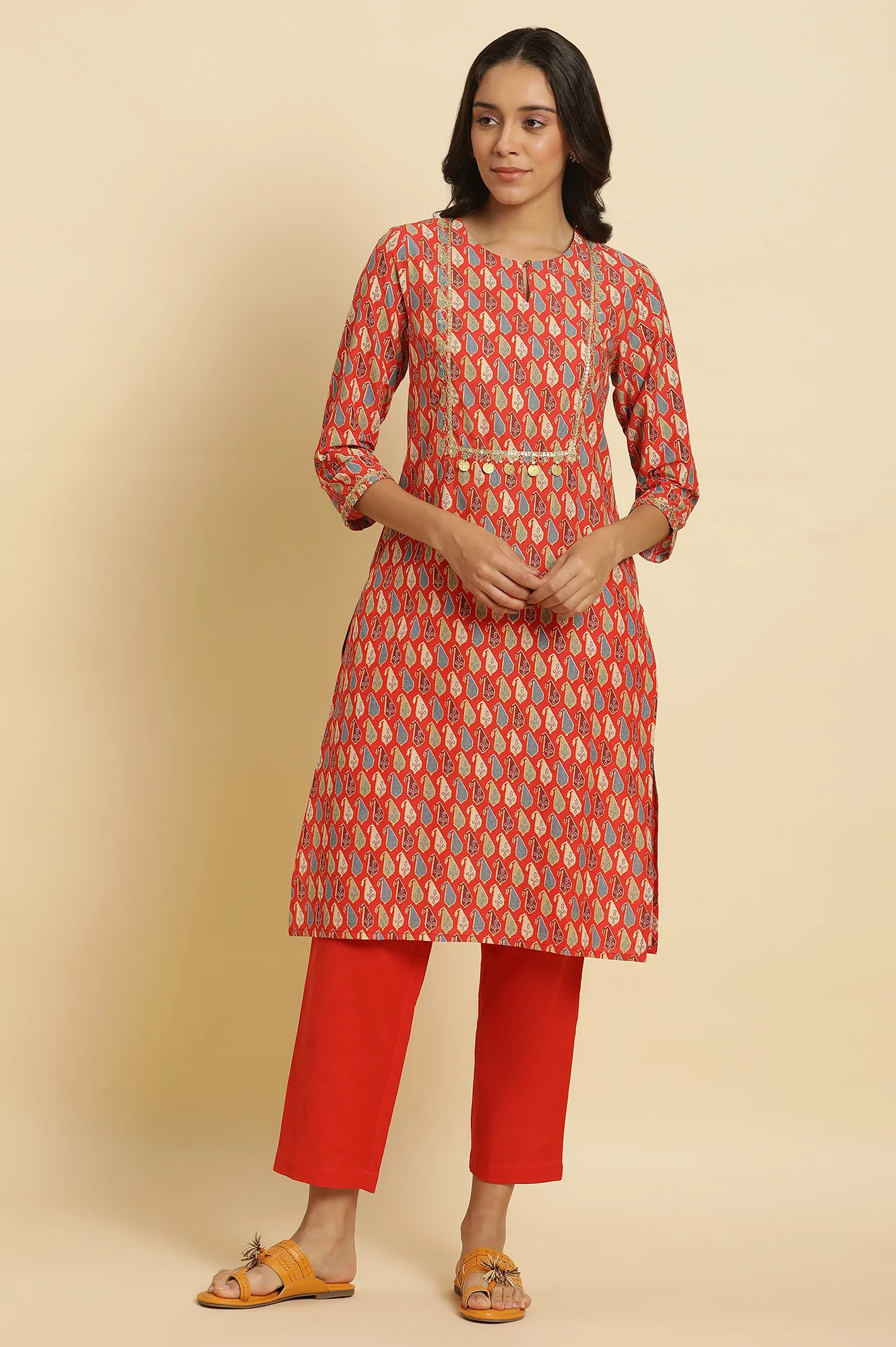 Orange Chunki Dori Embroidered Kurta - Image 2