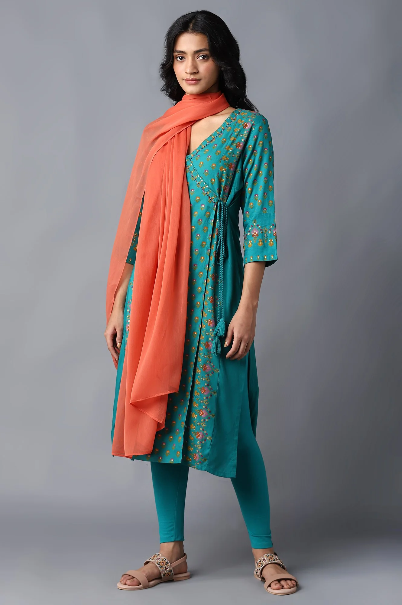 Orange Crinkled Chiffon Solid Dupatta - Image 2