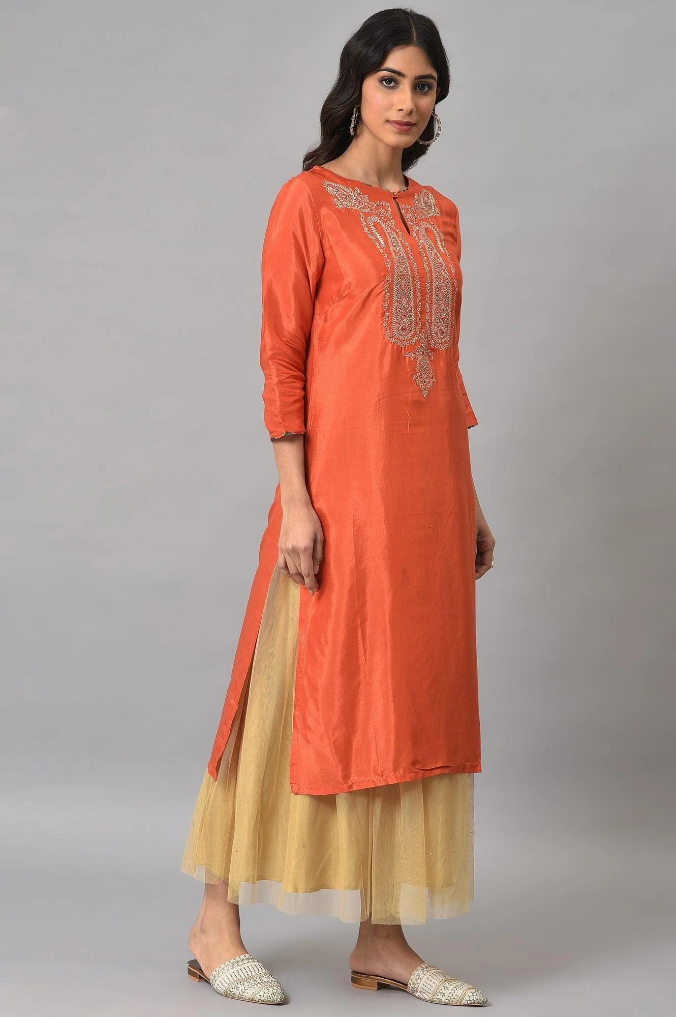 Orange Embroidered Festive kurta With Golden Mesh Skirt - Image 4