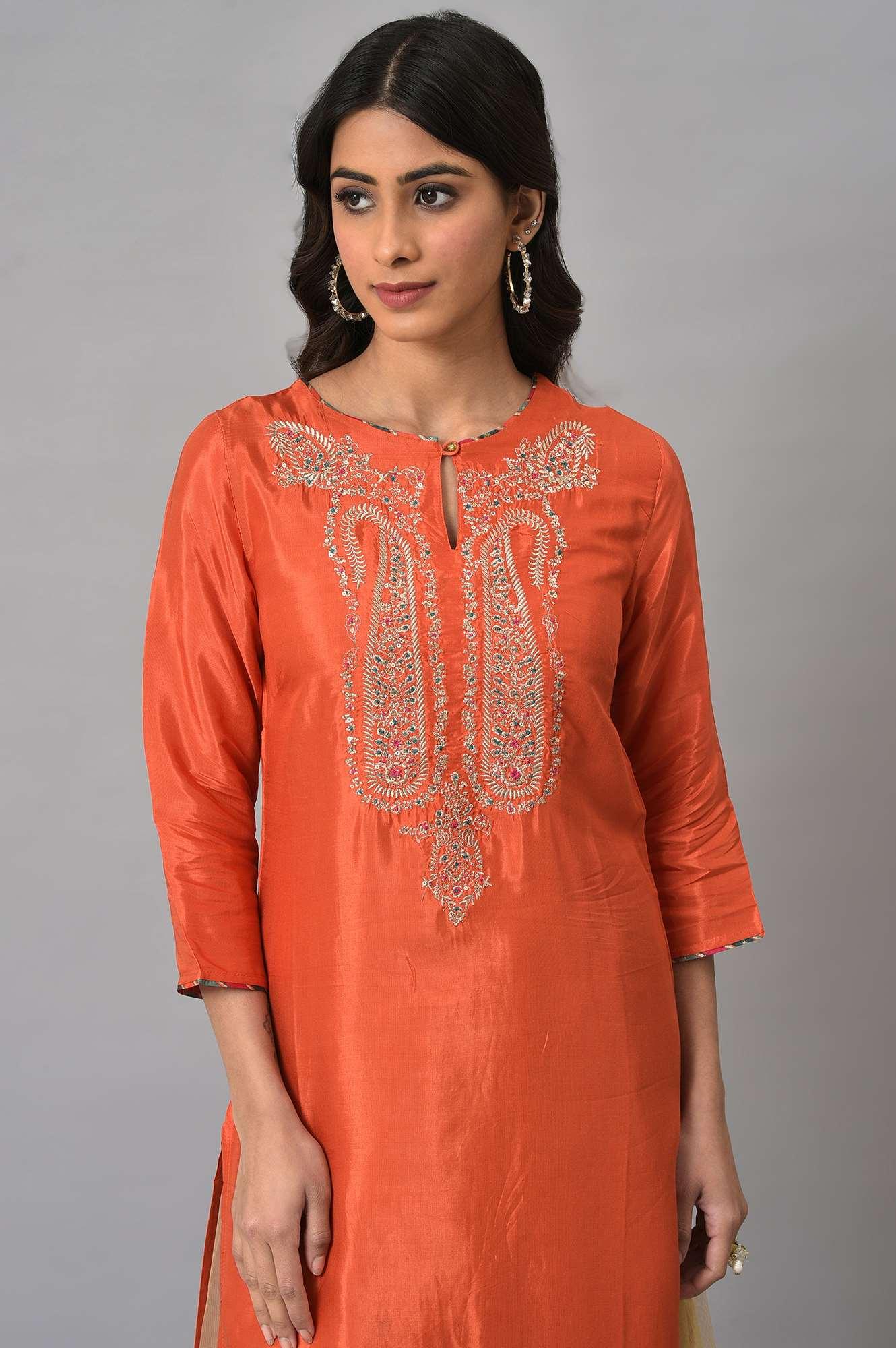 Orange Embroidered Festive kurta With Golden Mesh Skirt - Image 5