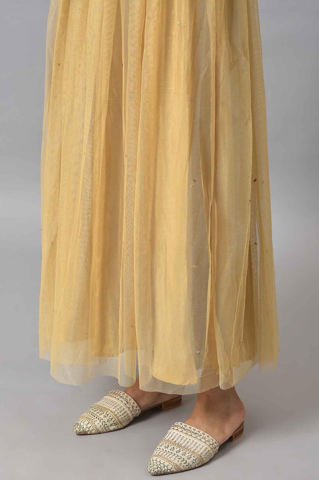 Orange Embroidered Festive kurta With Golden Mesh Skirt - Image 8