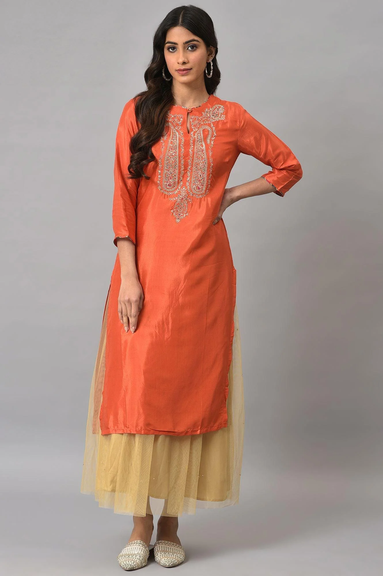 Orange Embroidered Festive kurta With Golden Mesh Skirt - Image 9