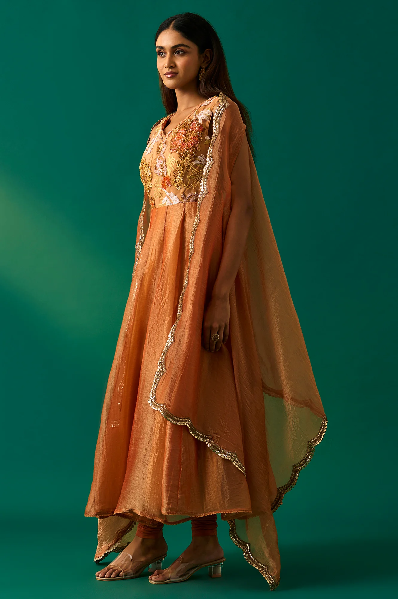 Orange Embroidered Flared Net Dress with Churidar and Cape Set - Image 2