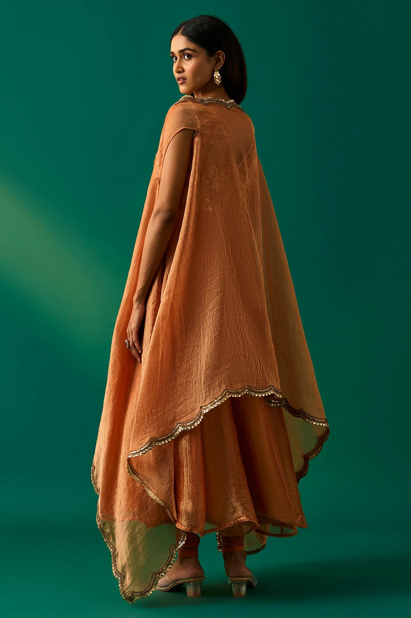 Orange Embroidered Flared Net Dress with Churidar and Cape Set - Image 3
