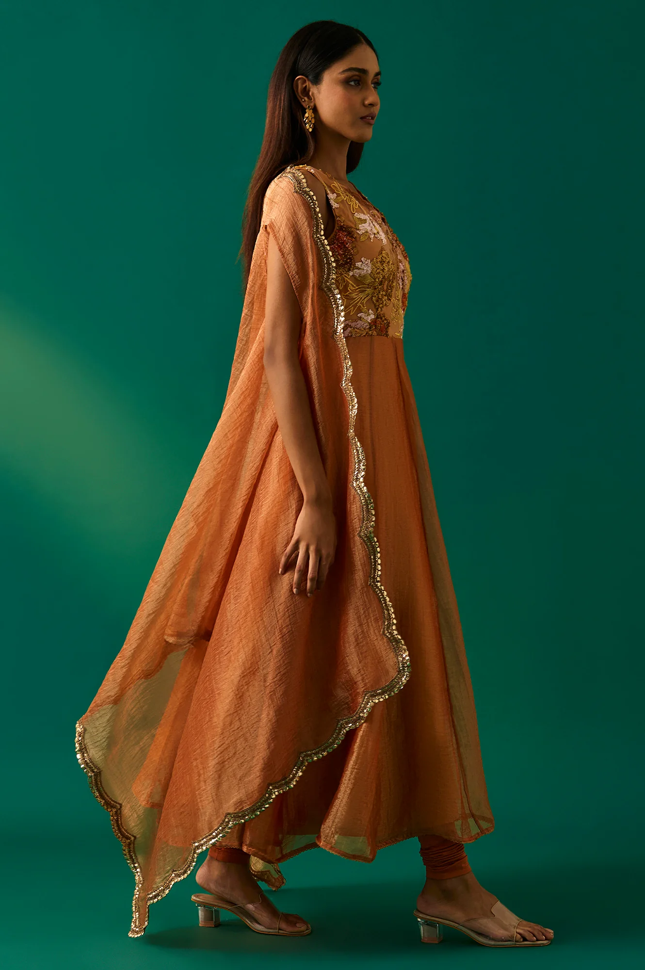 Orange Embroidered Flared Net Dress with Churidar and Cape Set - Image 4