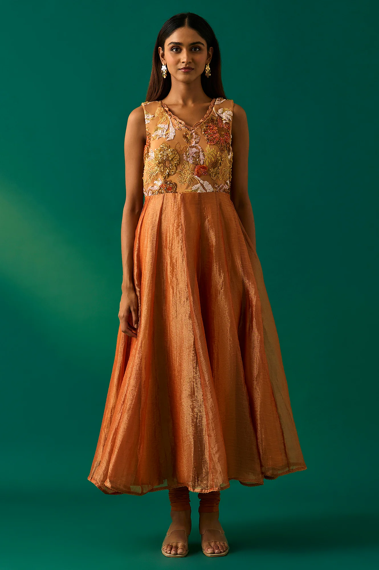 Orange Embroidered Flared Net Dress with Churidar and Cape Set - Image 5