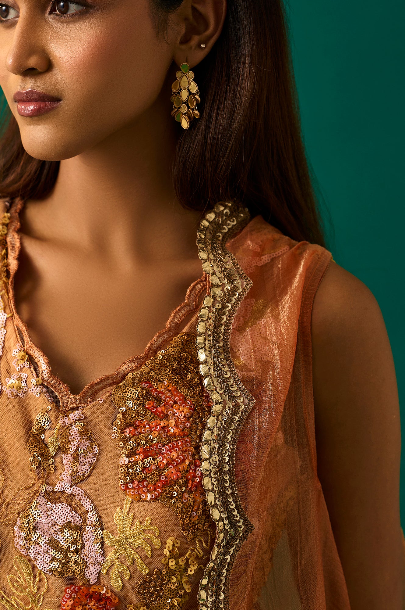 Orange Embroidered Flared Net Dress with Churidar and Cape Set - Image 7
