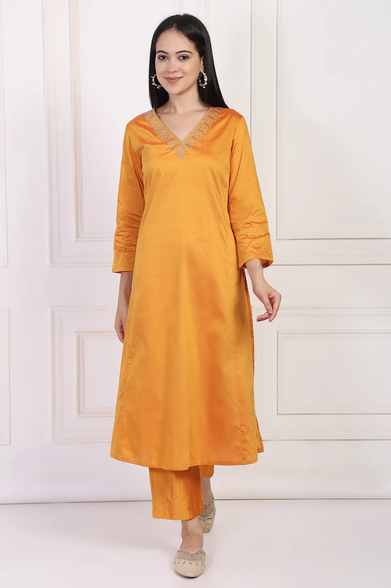 Orange Embroidered Flared Satin Kurta with Straight Pant Set - Image 2